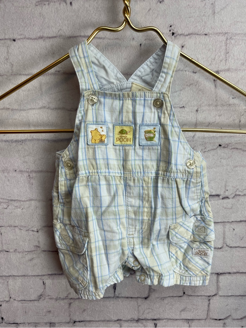 Classic Pooh for Disney size newborn blue and cream plaid overalls